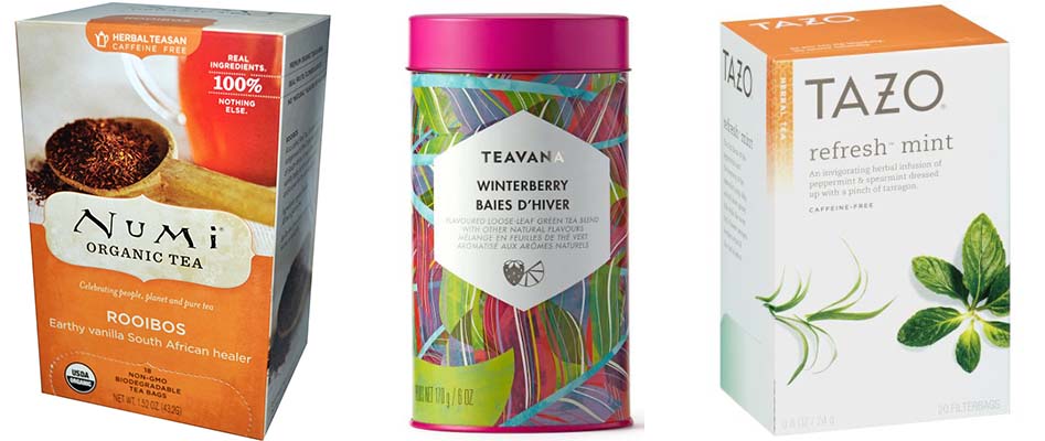 Numi Roobios Tea, Teavana Winterberry Tea Blend, Tazo Refresh Mint