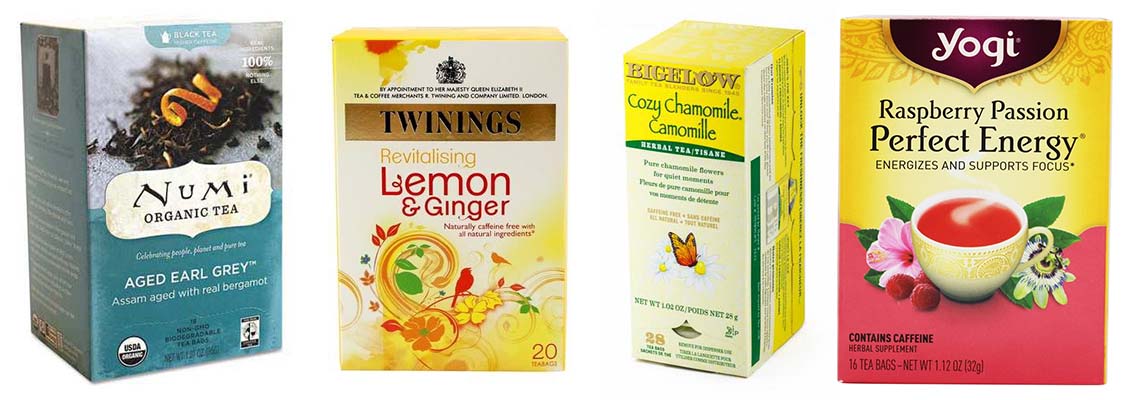 Numi Organic Aged Earl Grey Tea, Twinings Lemon and Ginger Tea, Bigelow Cozy Chamomile Herbal Tea, Yogi Raspberry Passion Perfect Energy