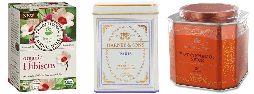Traditional Medicinals Organic Hibiscus Tea, Harney & Sons Paris Tea, Harney & Sons Hot Cinnamon Spice